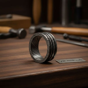 Mens Damascus Steel Wedding Band Wide Multi Groove Pattern Ring by JW SteelCrafts, handmade jewelry detail photo 2