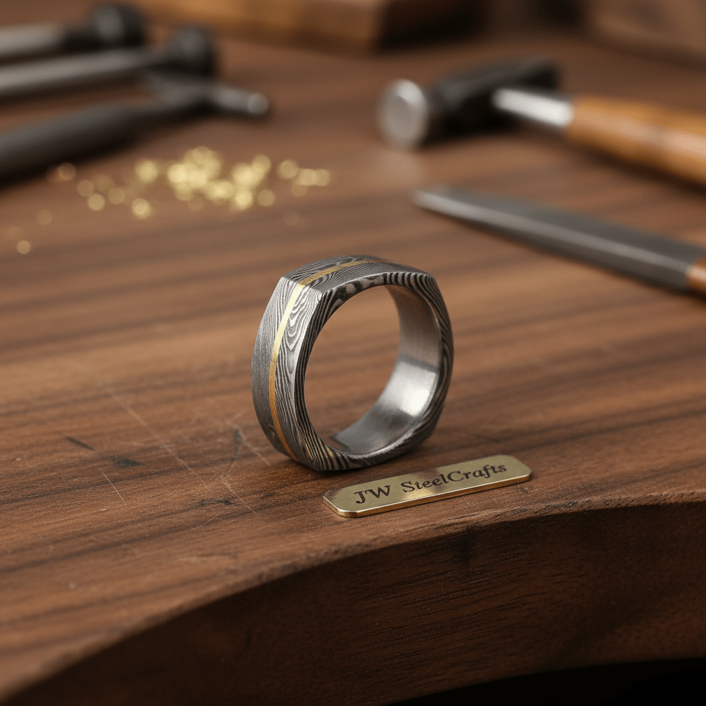 Damascus Steel Wedding Ring Faceted Band with Brass Inlay by JW SteelCrafts, handmade jewelry detail photo 4