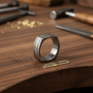 Damascus Steel Wedding Ring Faceted Band with Brass Inlay by JW SteelCrafts, handmade jewelry detail photo 4