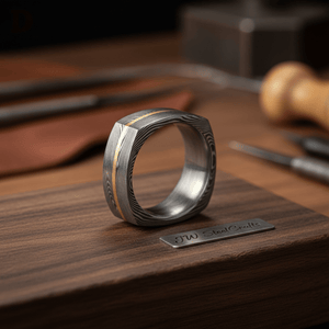 Damascus Steel Wedding Ring Faceted Band with Brass Inlay by JW SteelCrafts, handmade jewelry detail photo 3