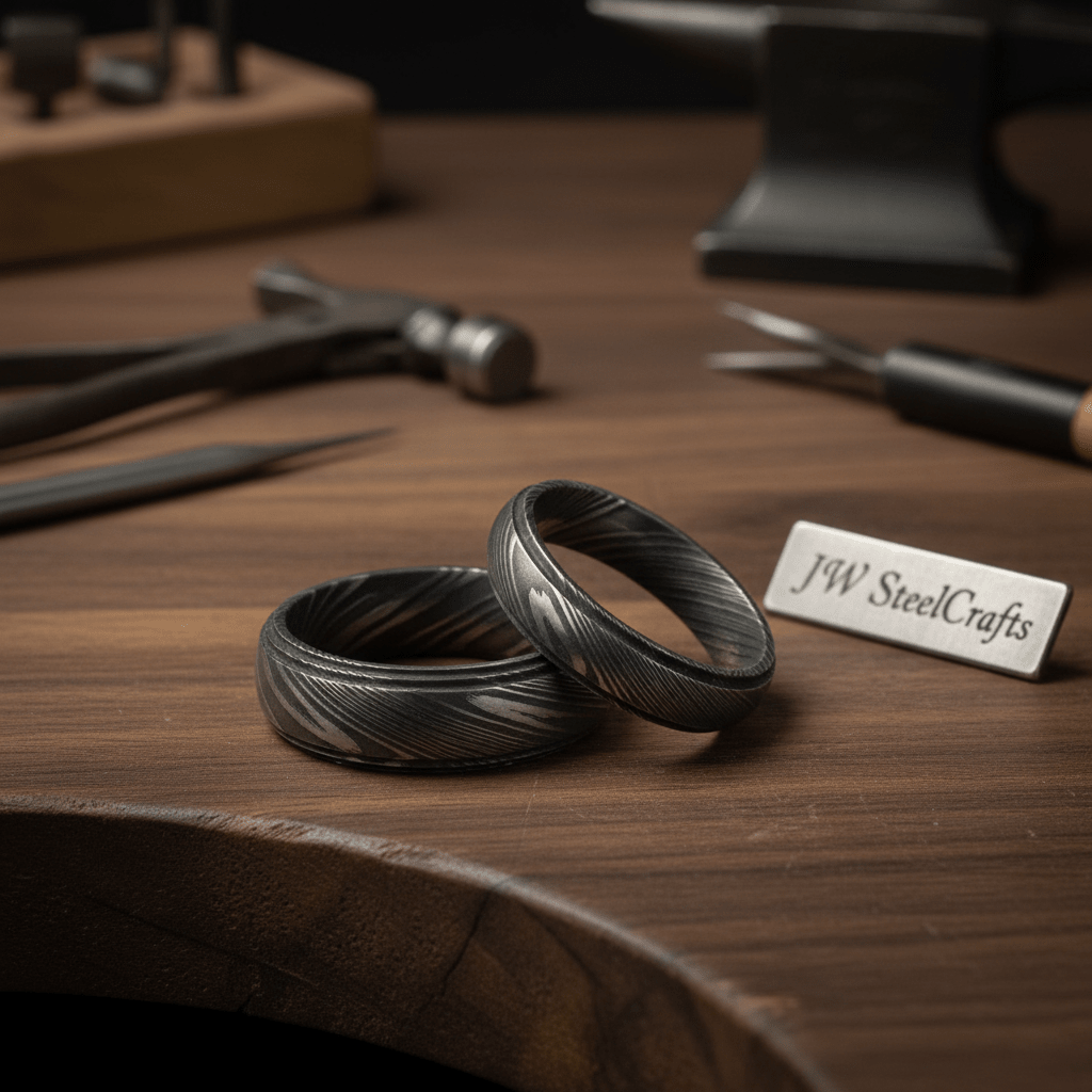 Damascus Steel Wedding Ring Set for Couples Black Pattern Wedding Bands by JW SteelCrafts, handmade jewelry detail photo 3