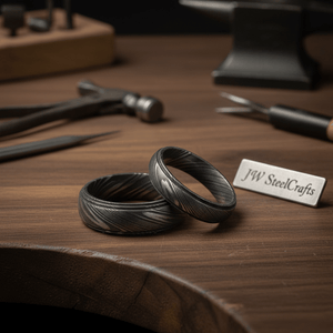 Damascus Steel Wedding Ring Set for Couples Black Pattern Wedding Bands by JW SteelCrafts, handmade jewelry detail photo 3