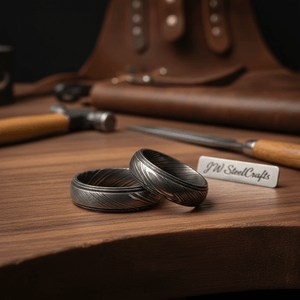 Damascus Steel Wedding Ring Set for Couples Black Pattern Wedding Bands by JW SteelCrafts, handmade jewelry detail photo 4