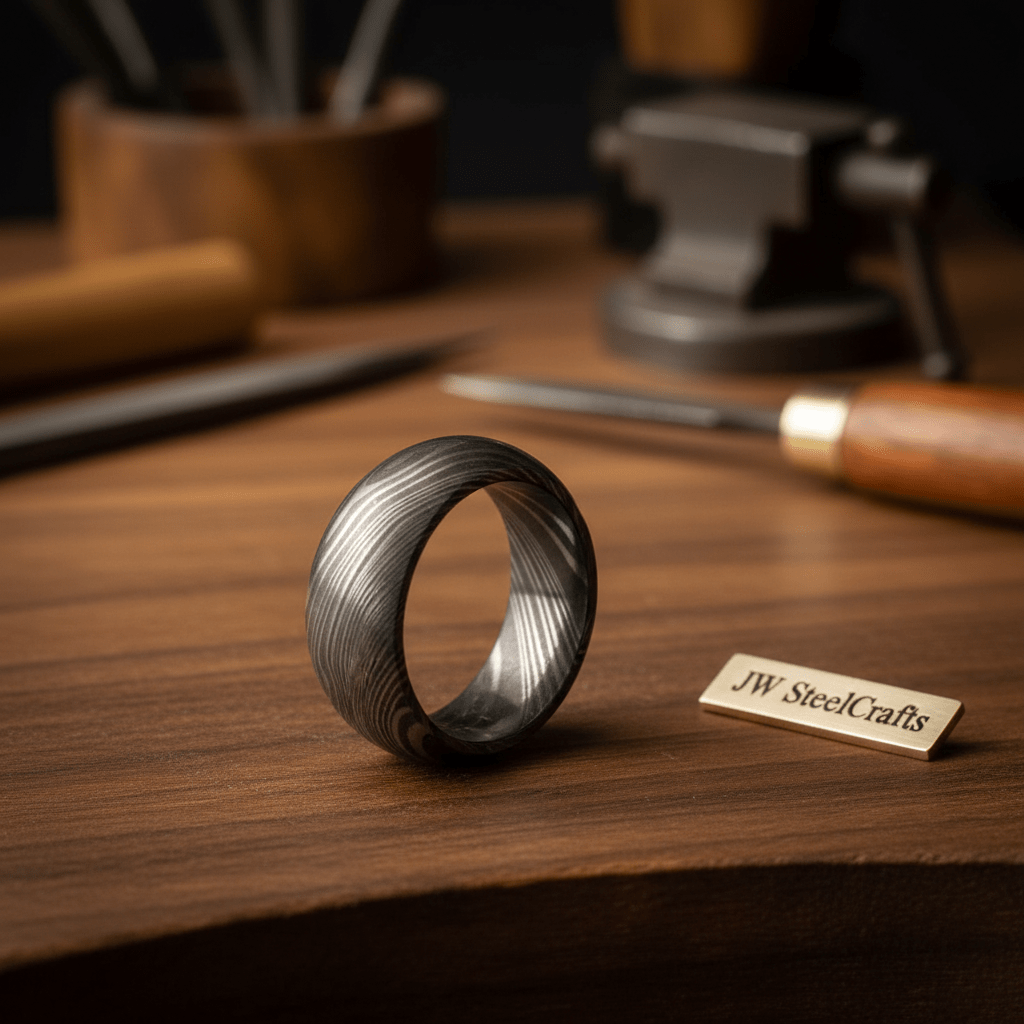 Mens Damascus Steel Wedding Band Classic Domed Comfort Fit Ring by JW SteelCrafts, handmade jewelry detail photo 4