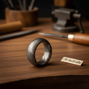 Mens Damascus Steel Wedding Band Classic Domed Comfort Fit Ring by JW SteelCrafts, handmade jewelry detail photo 4