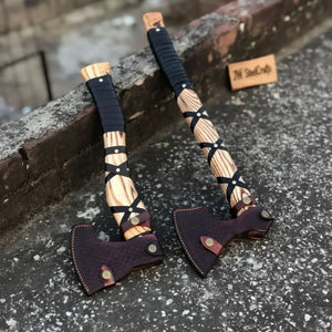 Fenrir Wolf Viking Axe Pair with Acid Etched Bearded Heads detail view by JW SteelCrafts