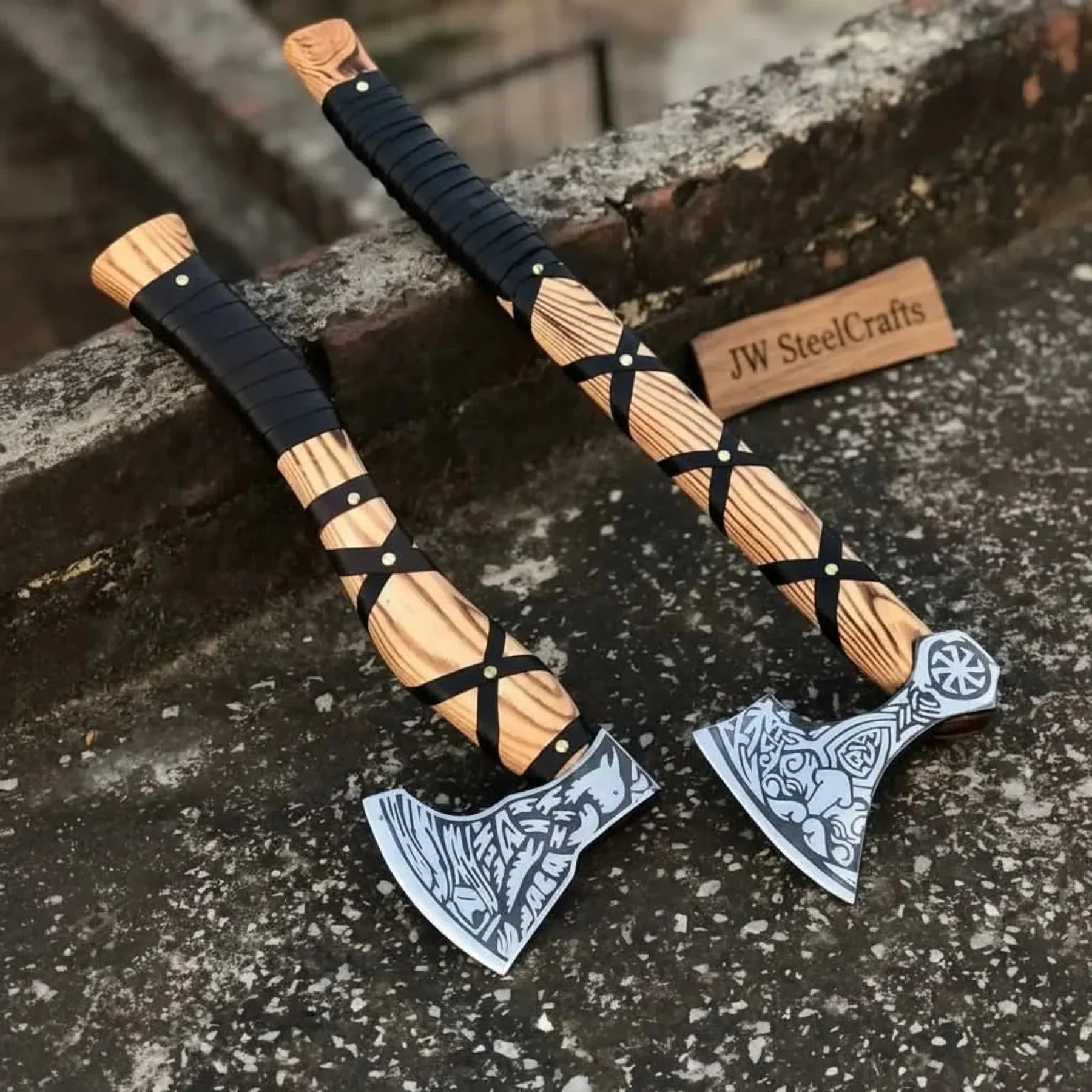 Fenrir Wolf Viking Axe Pair with Acid Etched Bearded Heads by JW SteelCrafts