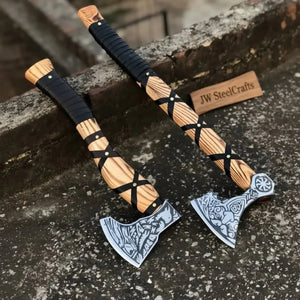 Fenrir Wolf Viking Axe Pair with Acid Etched Bearded Heads by JW SteelCrafts