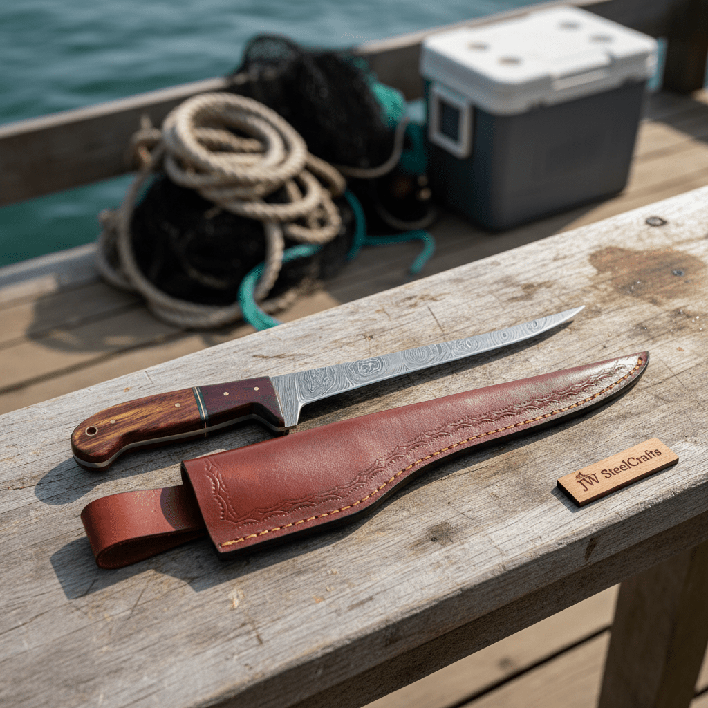 Custom Made Fillet Knife by JW SteelCrafts, Damascus knife detail photo 5