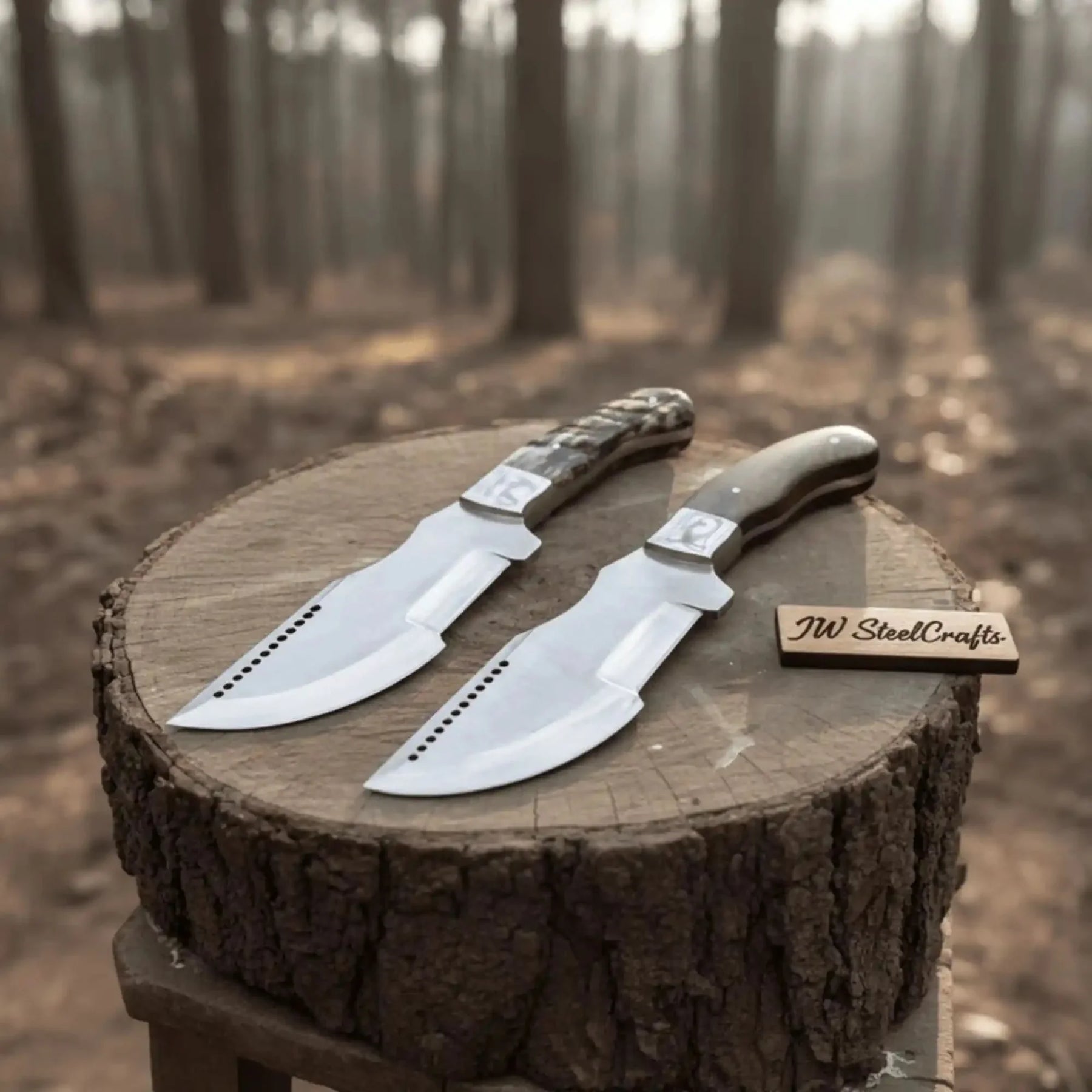 Handmade Carbon Steel Tracker Knife – Ram Horn or Wendi Wood Handle | Heavy Duty Hunting & Camping Knife | JW SteelCrafts by JW SteelCrafts, Damascus knife detail photo 2