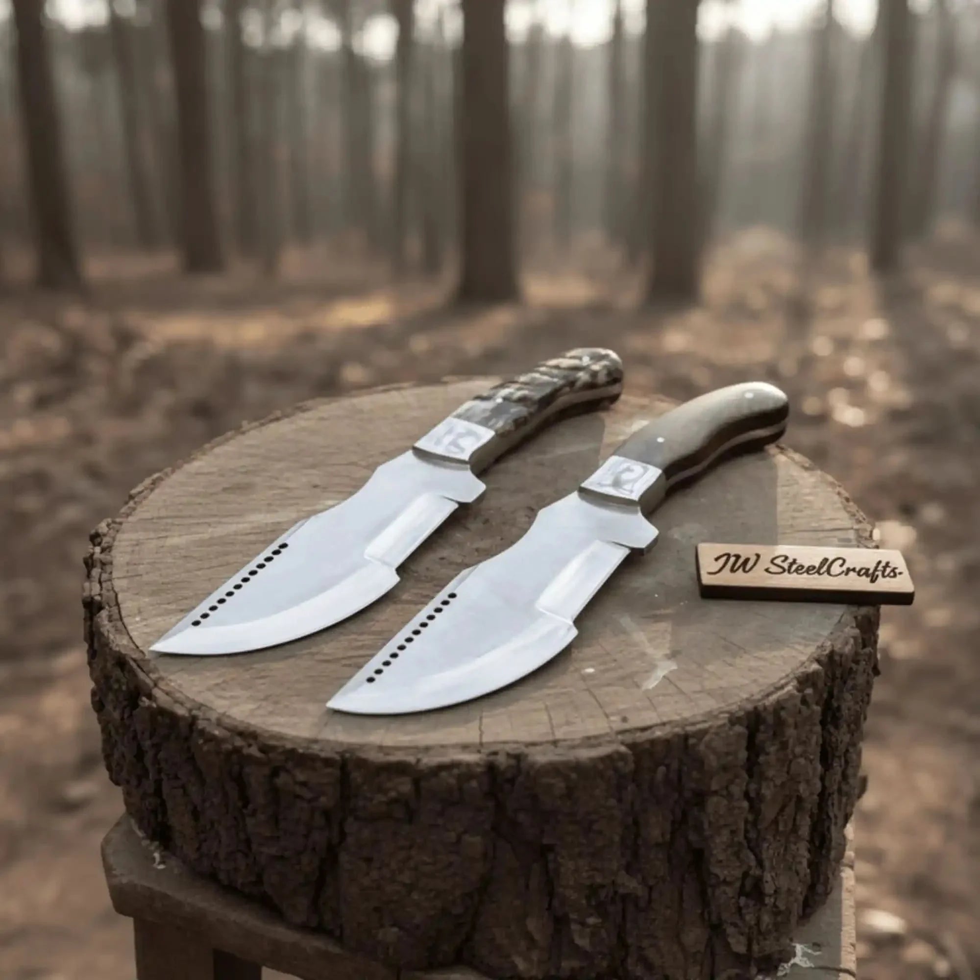 Handmade Carbon Steel Tracker Knife – Ram Horn or Wendi Wood Handle | Heavy Duty Hunting & Camping Knife | JW SteelCrafts by JW SteelCrafts, Damascus knife detail photo 2