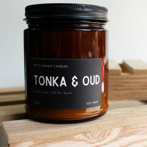 Tonka, Amaretto & Oud Soy Candle detail view by Pretty Honest Candles