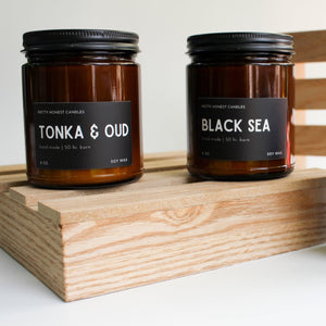 Tonka, Amaretto & Oud Soy Candle detail view by Pretty Honest Candles