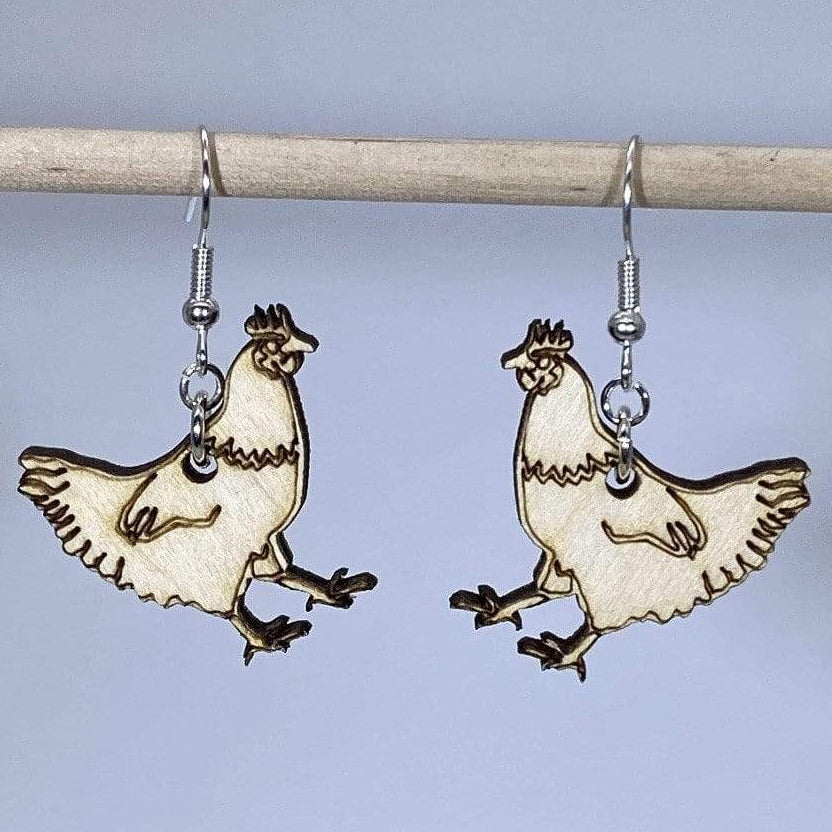 Cute Chicken Wooden Dangle Earrings | Farm Animal Jewelry detail view by Cate's Concepts, LLC
