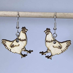 Cute Chicken Wooden Dangle Earrings | Farm Animal Jewelry detail view by Cate's Concepts, LLC