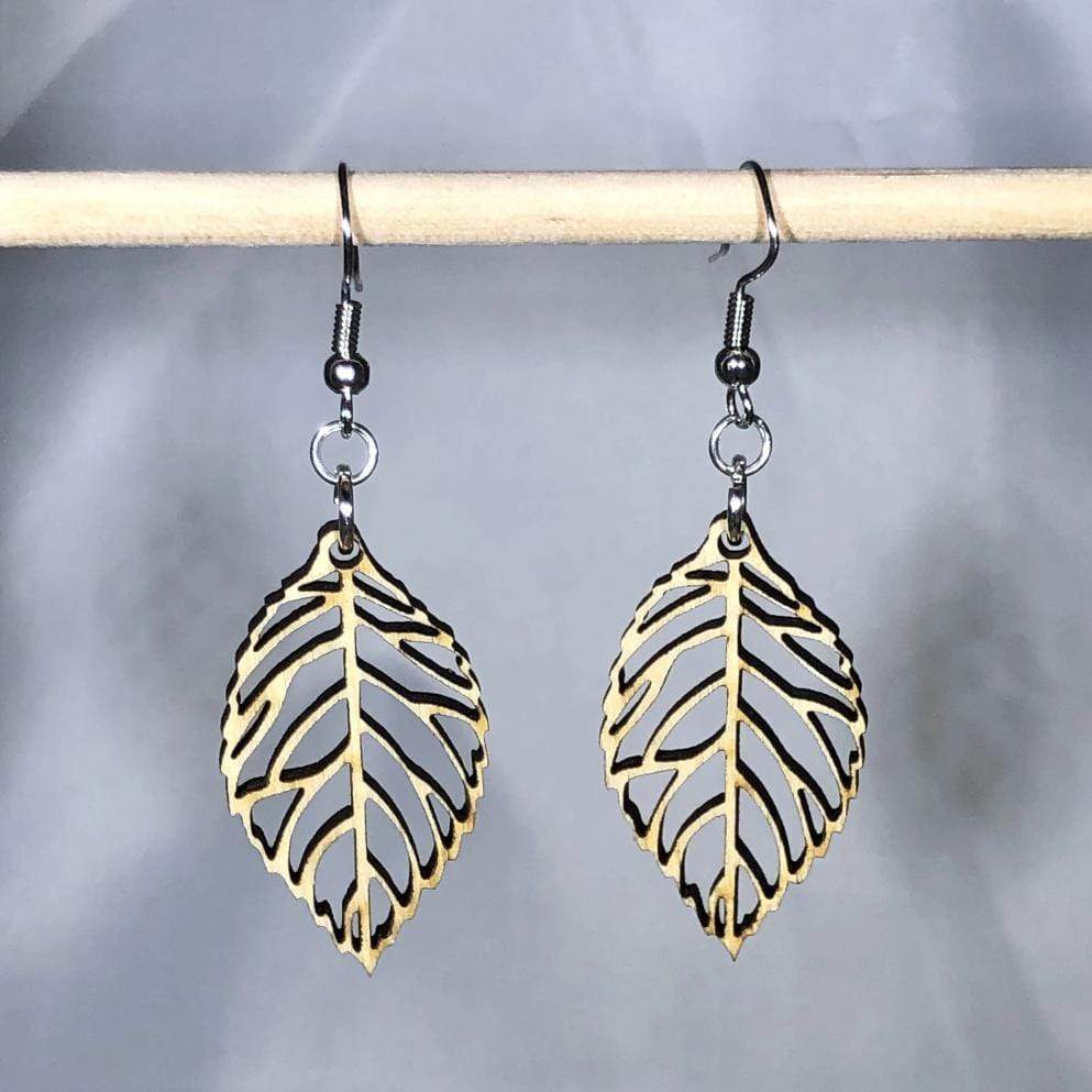 Leaf Cutout Wooden Dangle Earrings | Nature Jewelry detail view by Cate's Concepts, LLC