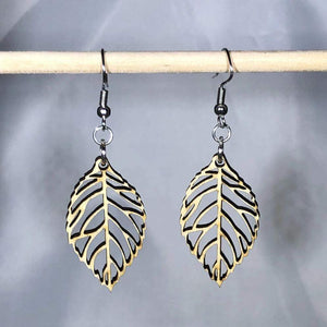 Leaf Cutout Wooden Dangle Earrings | Nature Jewelry detail view by Cate's Concepts, LLC