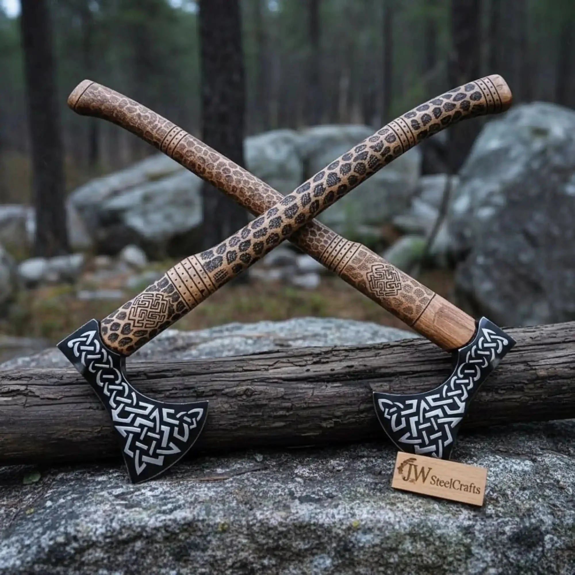 Engraved Viking Throwing Axe Set, Pair of Norse Knotwork Hatchets with Carved Hardwood Handles | JW SteelCrafts by JW SteelCrafts, Southern lifestyle apparel detail photo 2