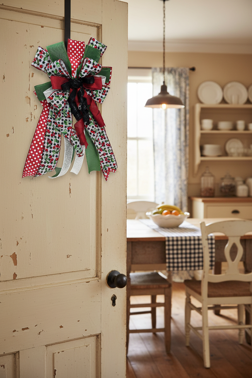 Cherry Gingham Door Bow handmade by Bouge Creations in Mississippi