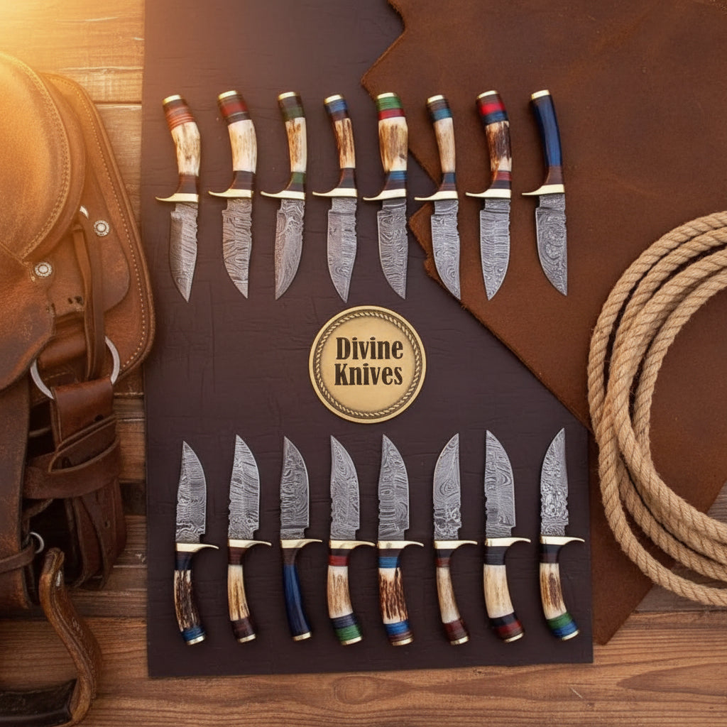Stag Handle Skinner Knife Bulk Set with Brass Bolsters for Retailers and Collectors by Divine Knives