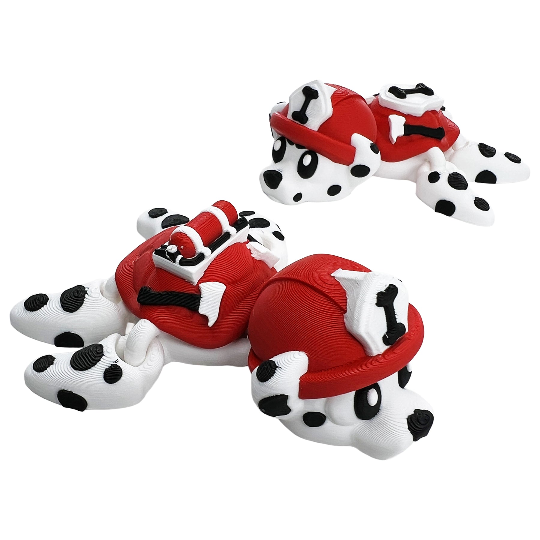 Two views of a Dalmatian firefighter turtle articulated 3D printed toy