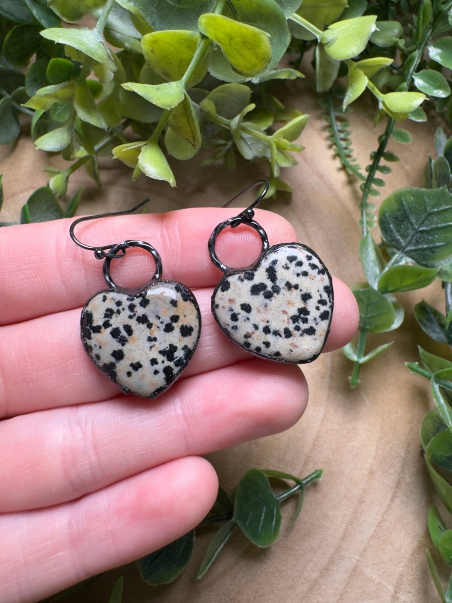 Dalmatian Jasper Heart Earrings detail view by Copper Ashes