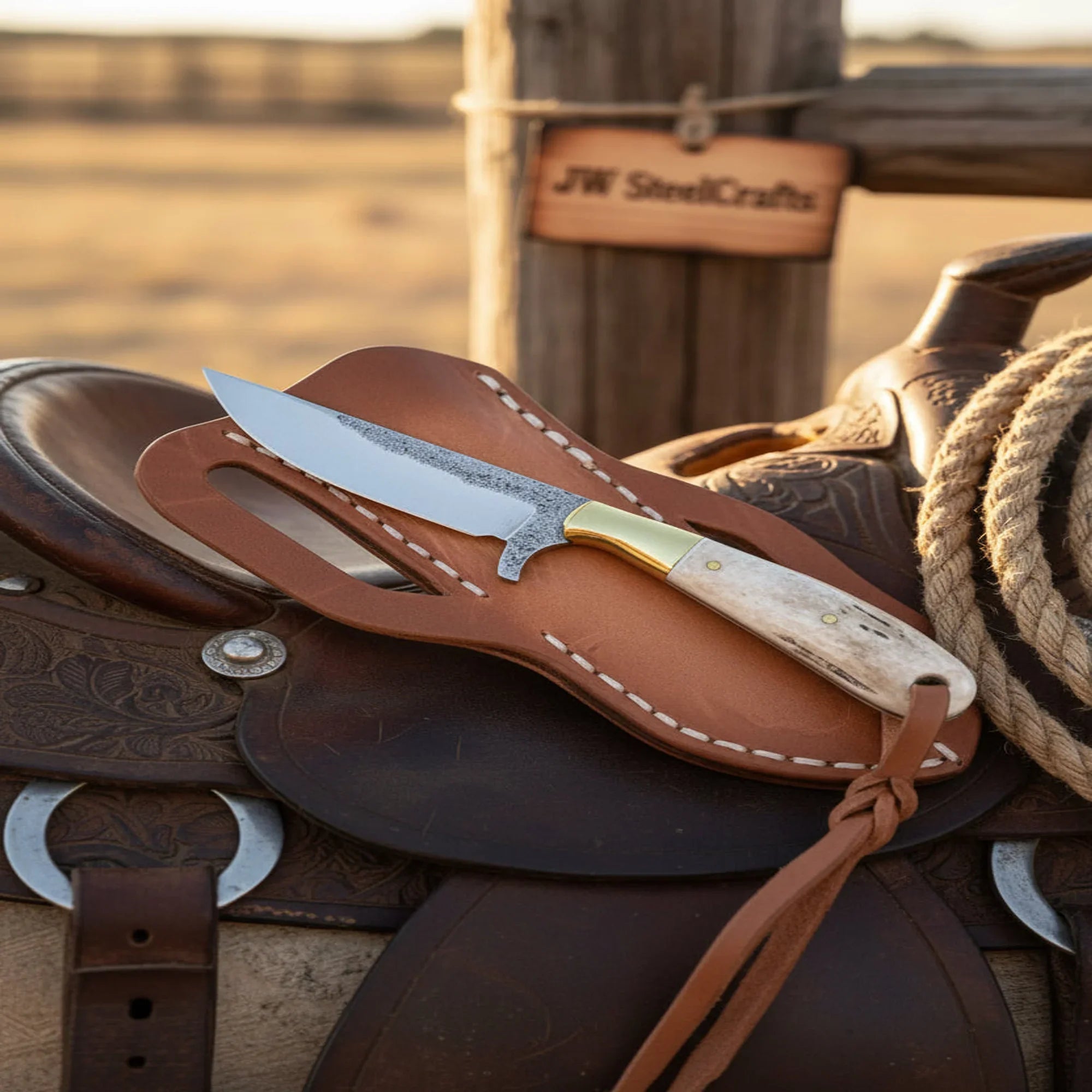 Buck Knives Handcrafted Damascus Hunting Knife with Genuine Leather Sheath by JW SteelCrafts
