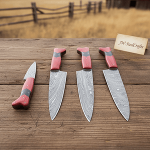 5-Piece Damascus Carving Knife Set Red Pakka Black Resin with Wood Grain Damascus Blades