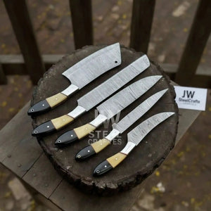 5-Piece Damascus Chef Knife Set – Camel Bone and Black Micarta Handles detail view by JW SteelCrafts