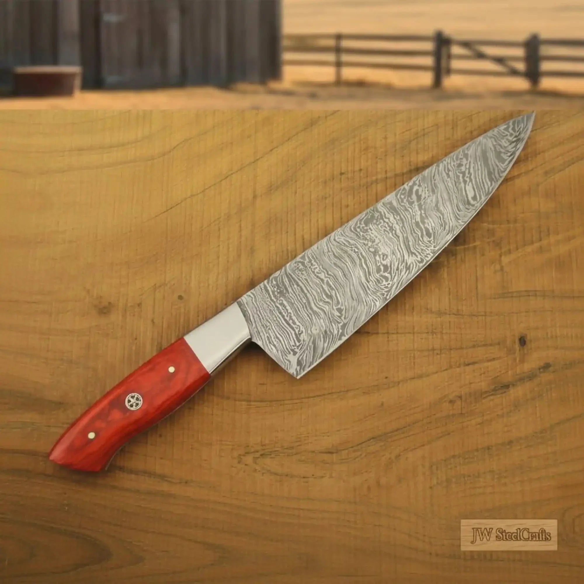 3 Piece Handmade Damascus chef Knife Set Red Pakka Wood Handles detail view by JW SteelCrafts