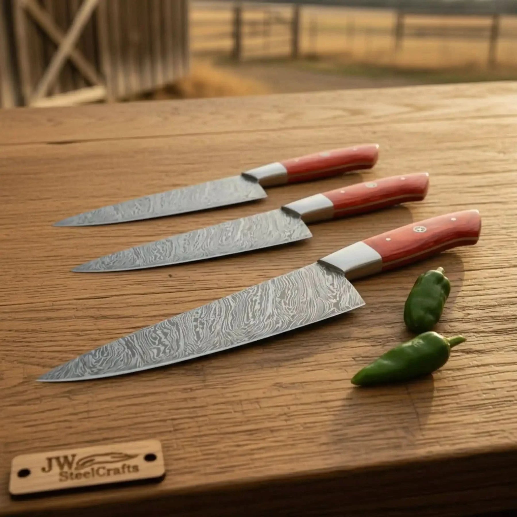 3 Piece Handmade Damascus chef Knife Set Red Pakka Wood Handles by JW SteelCrafts