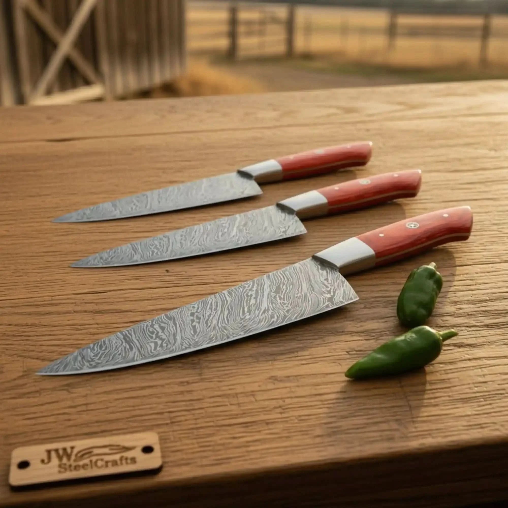 3 Piece Handmade Damascus chef Knife Set Red Pakka Wood Handles by JW SteelCrafts