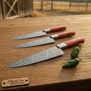 3 Piece Handmade Damascus chef Knife Set Red Pakka Wood Handles by JW SteelCrafts