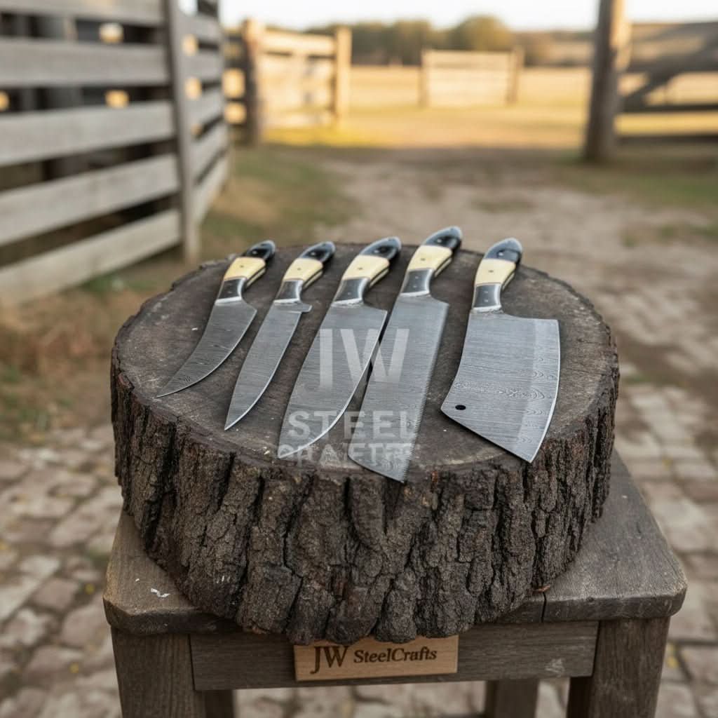 5-Piece Handmade Damascus Chef Knife Set with Wood and Resin Handles by JW SteelCrafts, Damascus knife detail photo 3