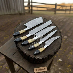 5-Piece Damascus Chef Knife Set – Camel Bone and Black Micarta Handles by JW SteelCrafts, Damascus knife main product photo