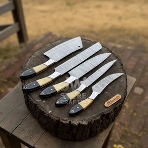 5-Piece Handmade Damascus Chef Knife Set with Wood and Resin Handles by JW SteelCrafts, Damascus knife detail photo 2