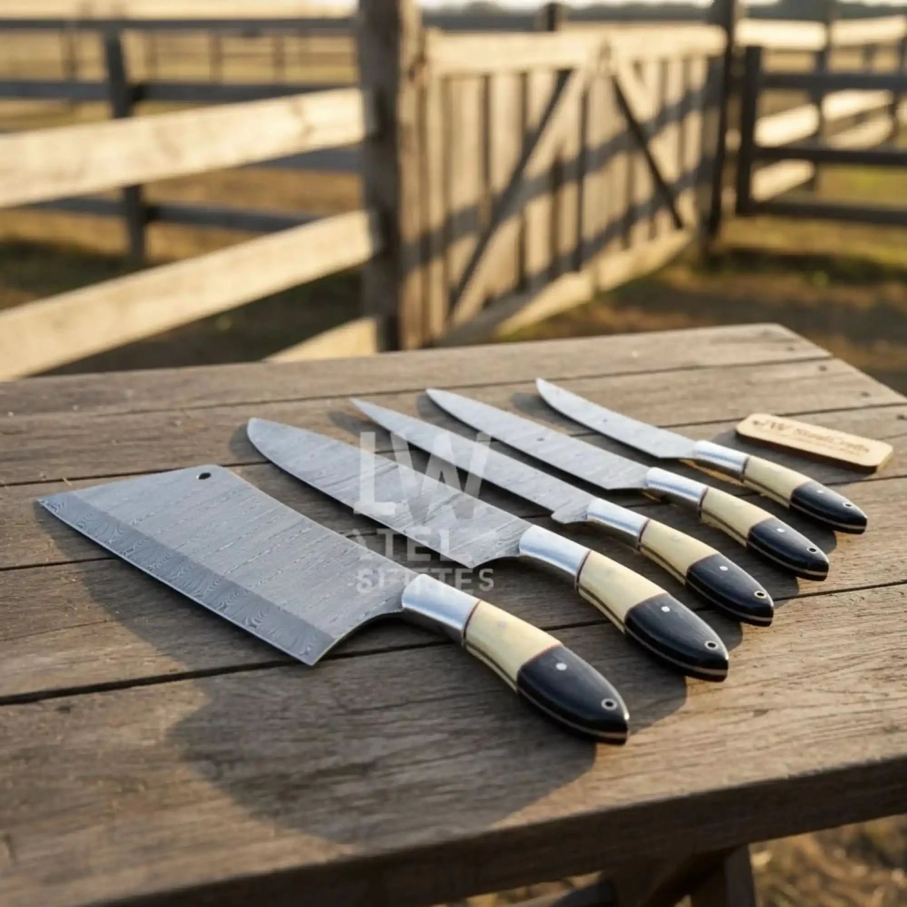 5-Piece Handmade Damascus Chef Knife Set with Wood and Resin Handles detail view by JW SteelCrafts