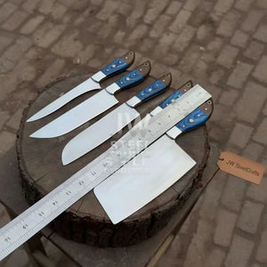 Blue Wood Damascus Chef Knife Set: 5-Piece Handmade Collection by JW SteelCrafts, Damascus knife detail photo 4