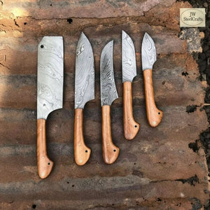 5-Piece Damascus Kitchen Knife Set — Cleaver, Chef, Utility, Boning & Paring with Olive Wood Handles & Brass Pins by JW SteelCrafts, Damascus knife detail photo 4