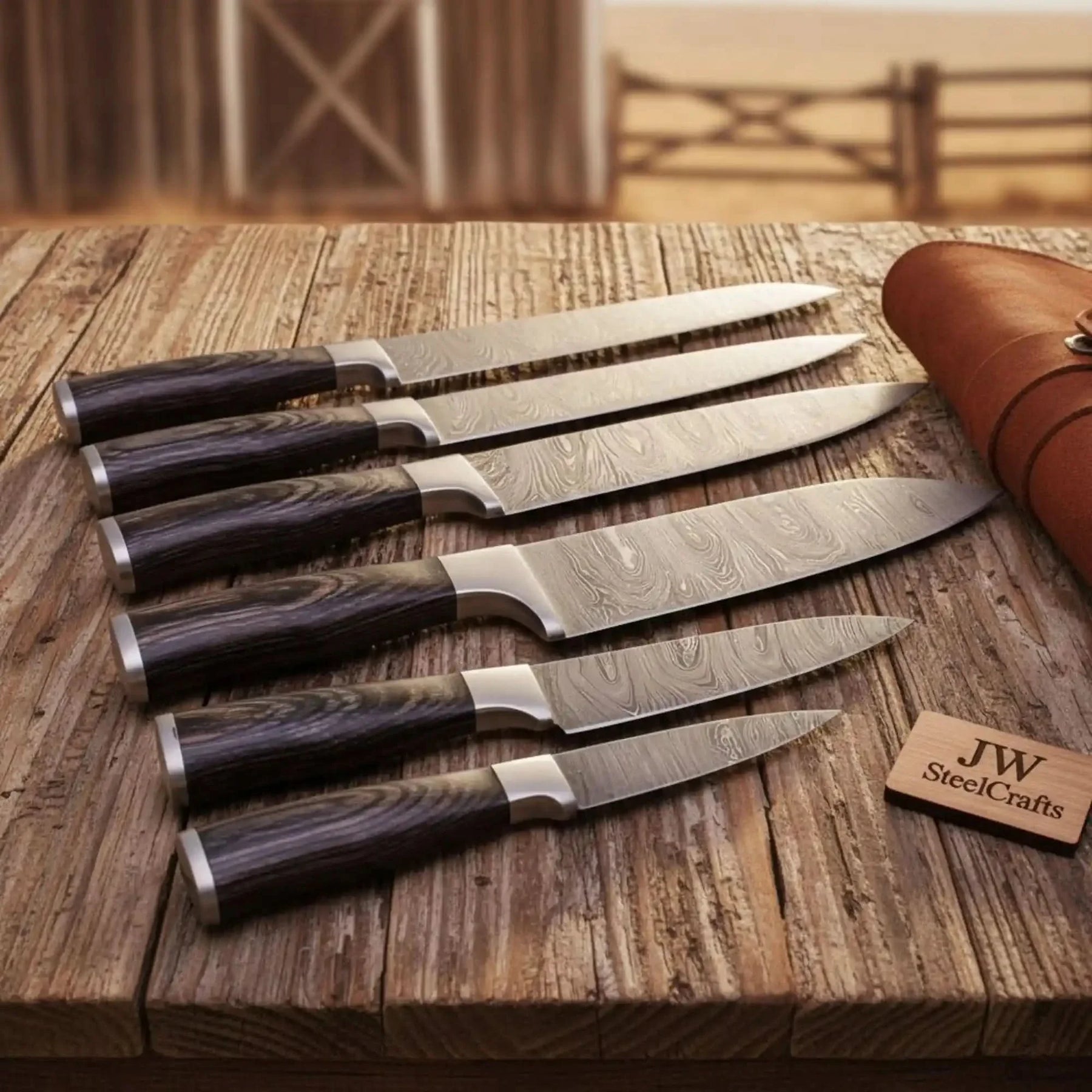 Hand-Forged Damascus Sujihiki Slicer Set — 6 Long Japanese-Style Carving Knives by JW SteelCrafts, Southern handmade gift main product photo