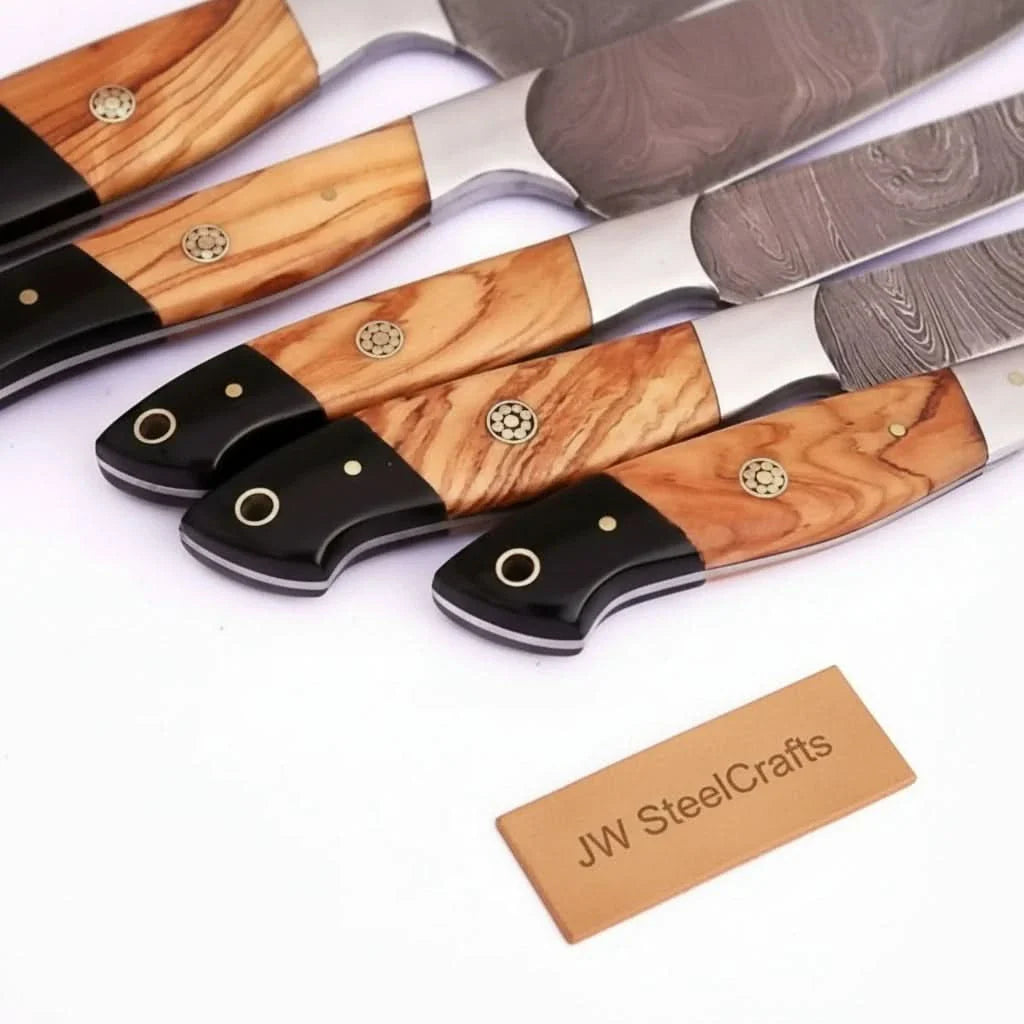 Handmade Damascus Knife Set, Olive Wood & Resin Handle by JW SteelCrafts, Damascus knife detail photo 3