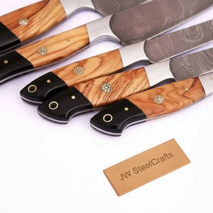 Handmade Damascus Knife Set, Olive Wood & Resin Handle by JW SteelCrafts, Damascus knife detail photo 3
