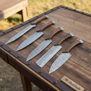 Hand Forged Damascus Chef Knife Set, Natural Wood Handle, Full Tang Kitchen Knife Collection by JW SteelCrafts