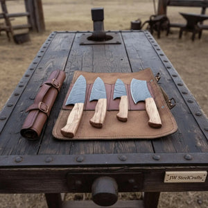 4 Piece Damascus Knife Set Olive Wood with Cleaver by JW SteelCrafts