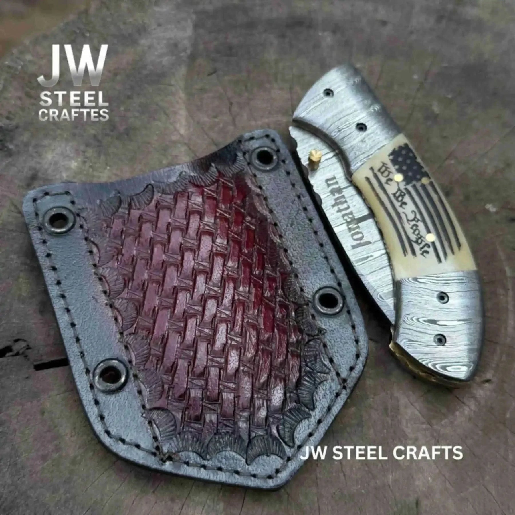 Handmade Damascus Drop Point Folding Knife – American Flag Handle, EDC Pocket Knife by JW SteelCrafts, Damascus knife detail photo 2