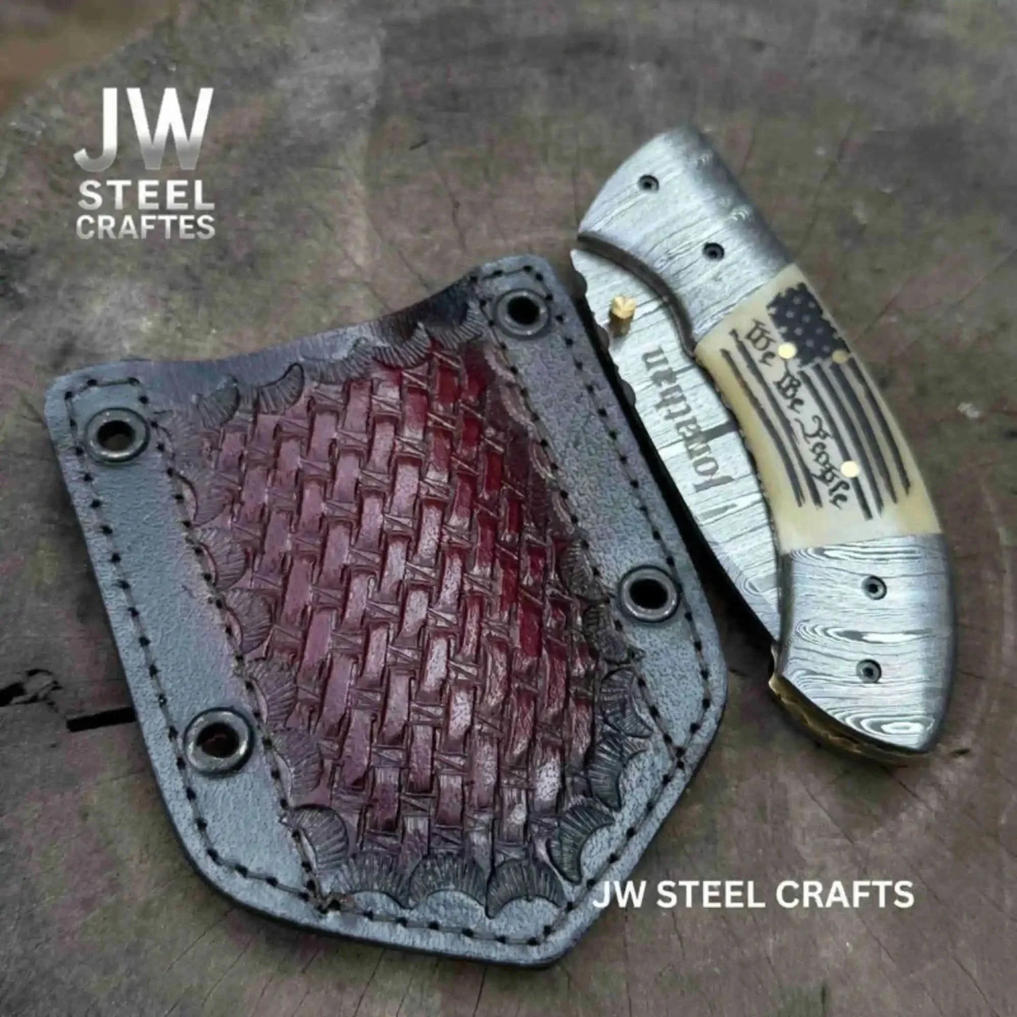 Handmade Damascus Drop Point Folding Knife – American Flag Handle, EDC Pocket Knife by JW SteelCrafts, Damascus knife detail photo 2