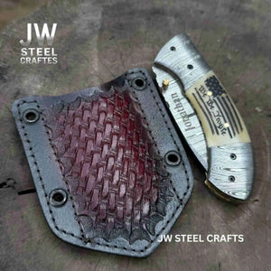 Handmade Damascus Drop Point Folding Knife – American Flag Handle, EDC Pocket Knife by JW SteelCrafts, Damascus knife detail photo 2