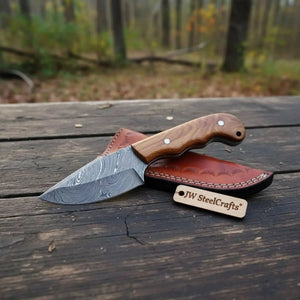 Damascus Drop Point Skinner Knife 3 Inch Blade Rosewood Handle Fixed Blade With Leather Sheath by JW SteelCrafts, leather knife sheath main product photo