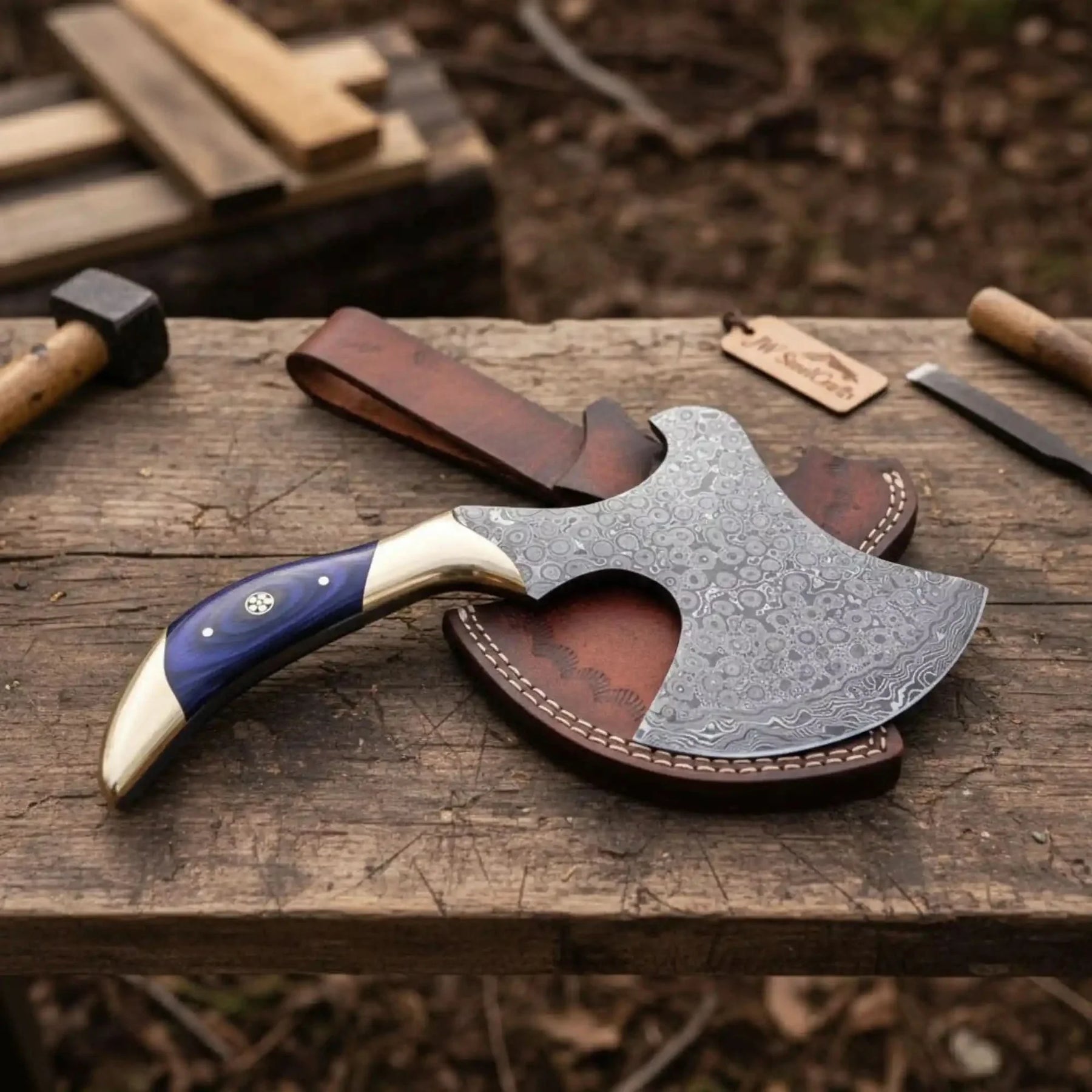 Hand-Forged Damascus Bearded Hatchet with Purple wood and brass Handle by JW SteelCrafts, Southern lifestyle apparel main product photo