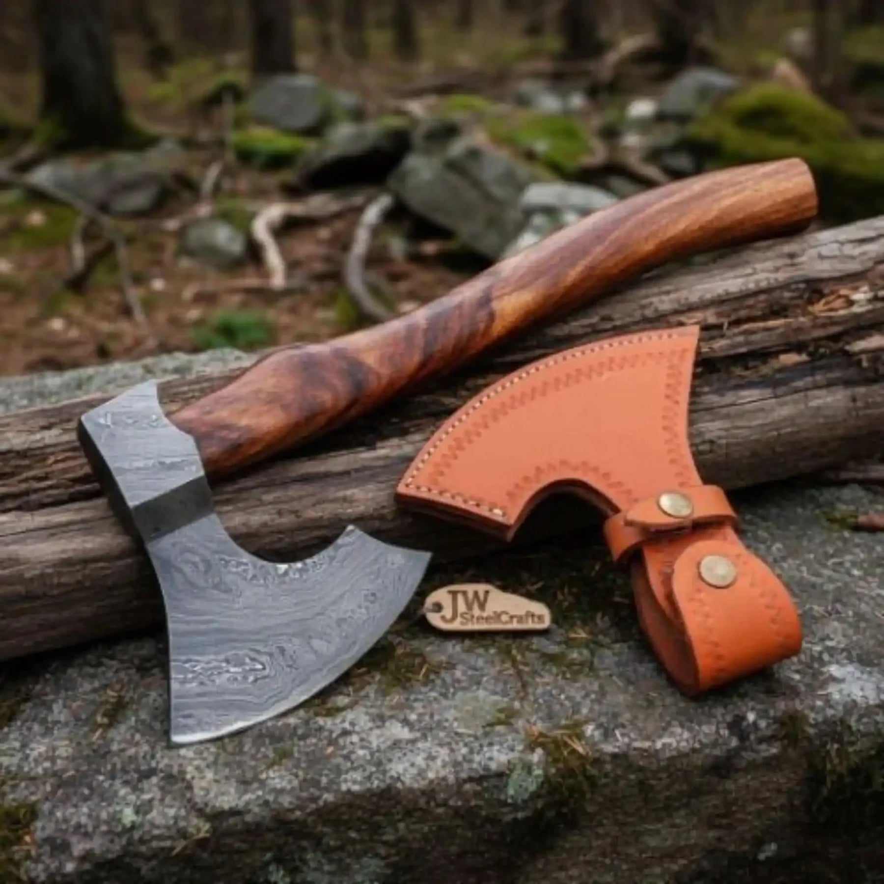 Traditional Norse Bearded War Axe (Skeggøx) featuring Damascus Steel Head, Solid Wood Handle, Sheath Included by JW SteelCrafts, leather knife sheath main product photo